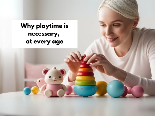 Blonde woman in plain white top, playing with a colourful range of children's toys on a clean white surface.