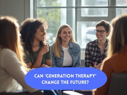 Diverse group of young women seated in a circle smiling and encouraging one another, suggesting a therapeutic conversation. White upper case text in blue pill shaped box reads: ‘Can ‘Generation Therapy’ change the future?’
